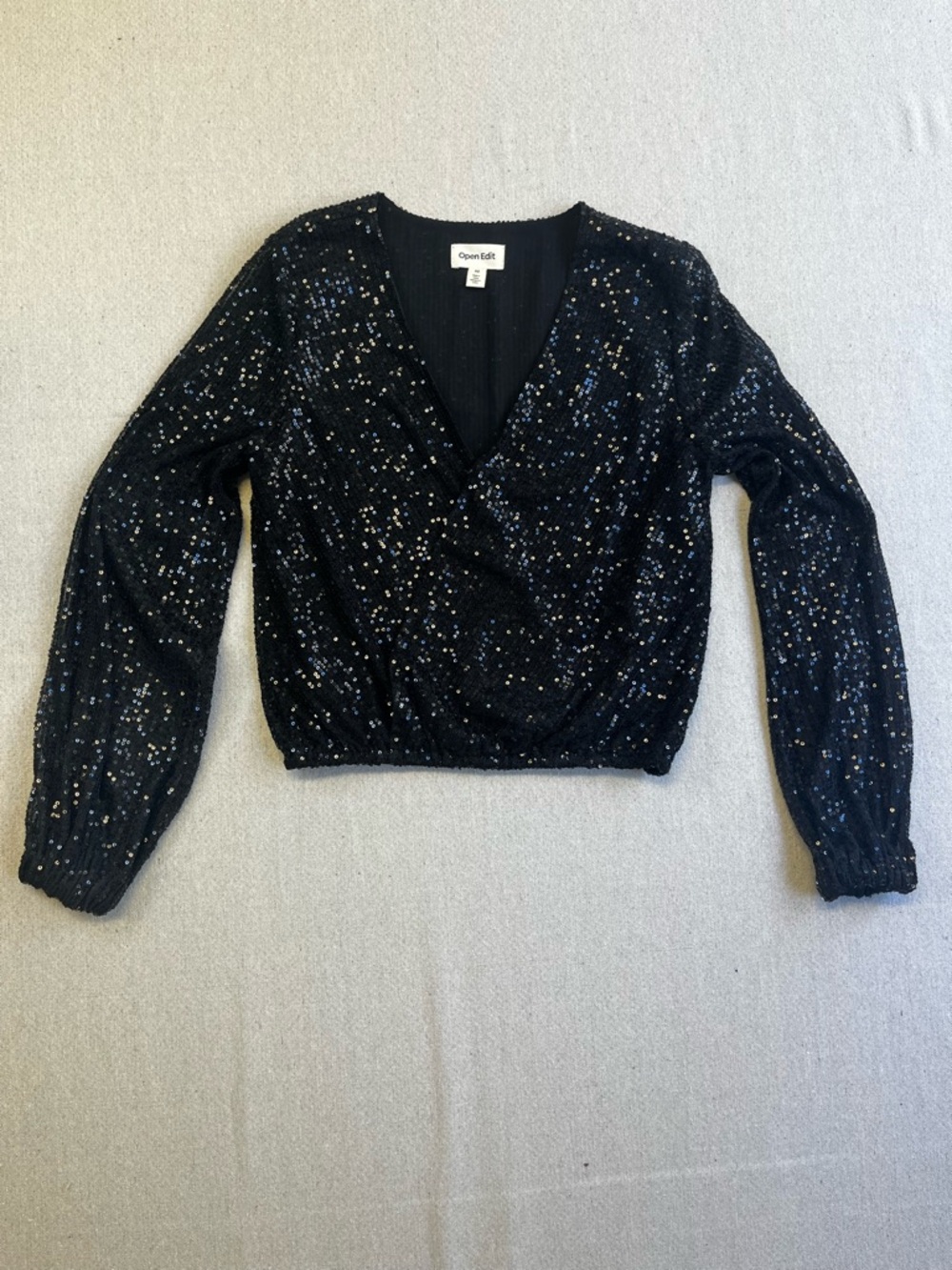 Open Edit Black Sequin Crop Top XS Long Sleeve V Neck Party Blouse